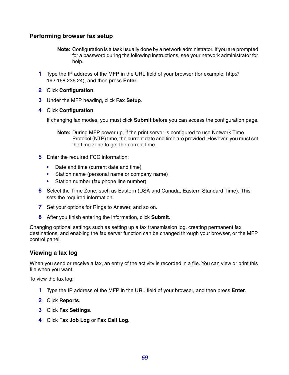 Viewing a fax log, Performing browser fax setup | GPX X642 User Manual | Page 59 / 191