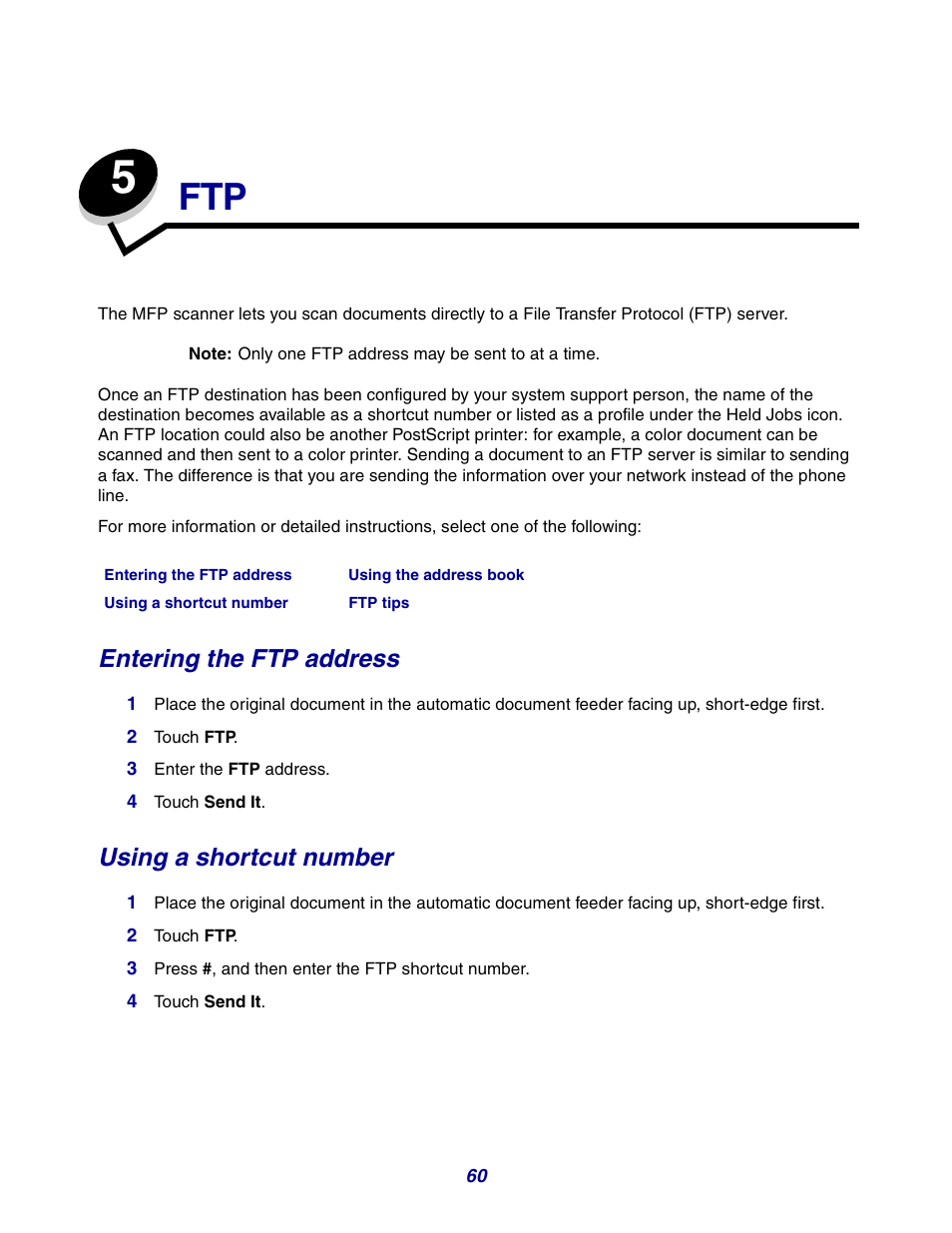 Entering the ftp address, Using a shortcut number, Chapter 5: ftp | GPX X642 User Manual | Page 60 / 191