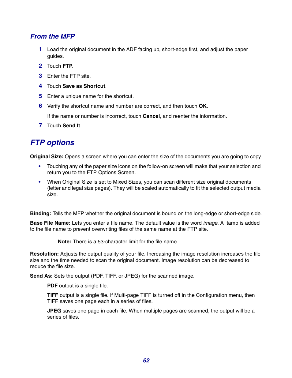 From the mfp, Ftp options | GPX X642 User Manual | Page 62 / 191