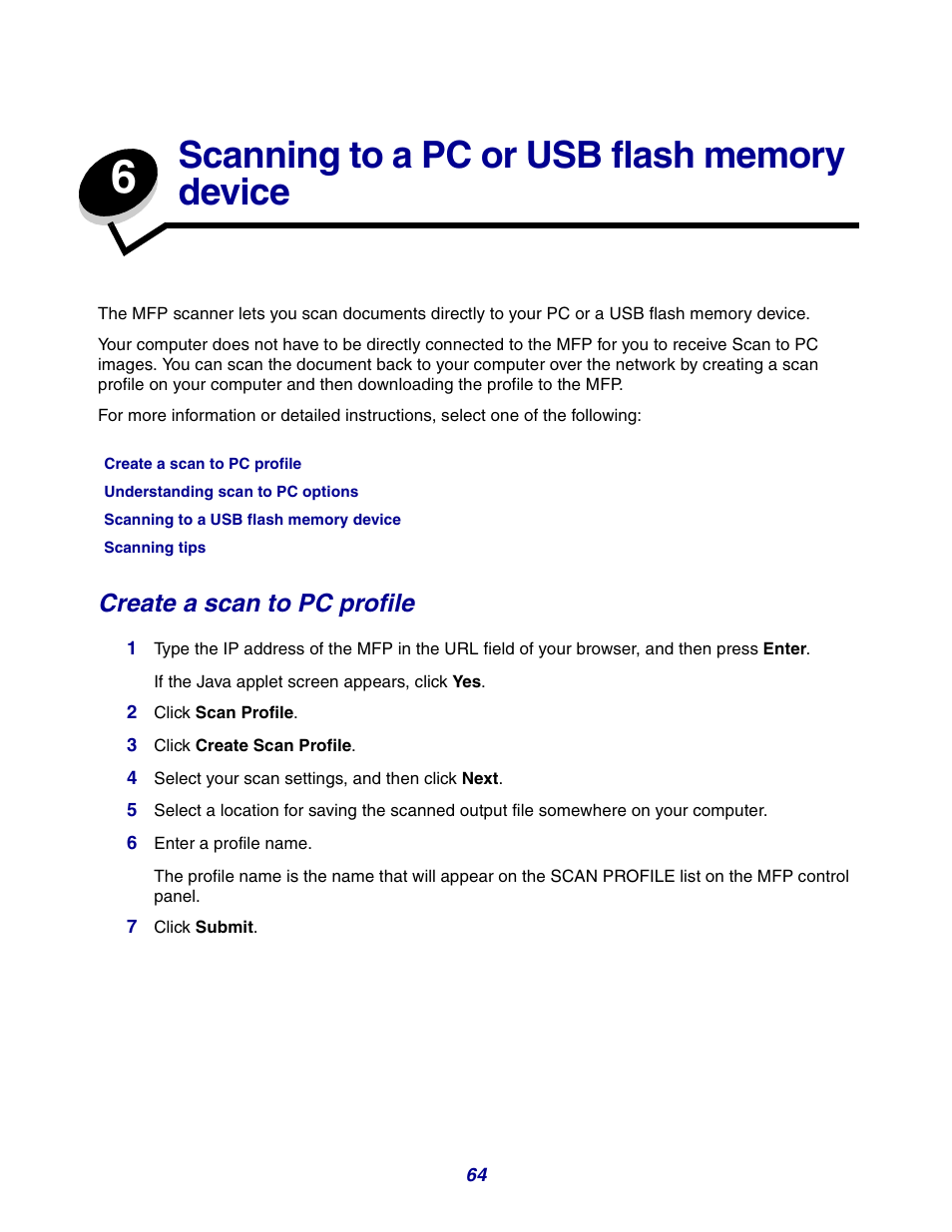 Scanning to a pc or usb flash memory device, Create a scan to pc profile | GPX X642 User Manual | Page 64 / 191