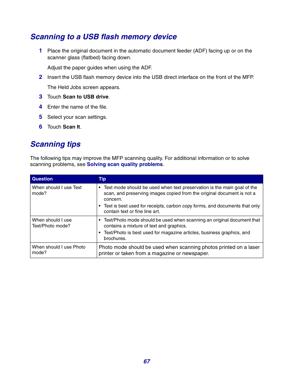 Scanning to a usb flash memory device, Scanning tips | GPX X642 User Manual | Page 67 / 191