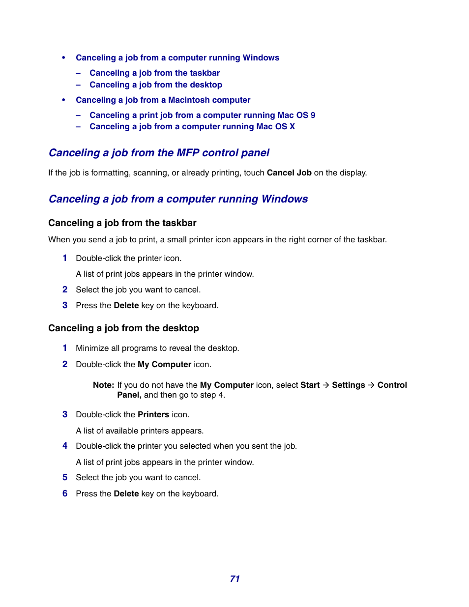 Canceling a job from the mfp control panel, Canceling a job from a computer running windows | GPX X642 User Manual | Page 71 / 191