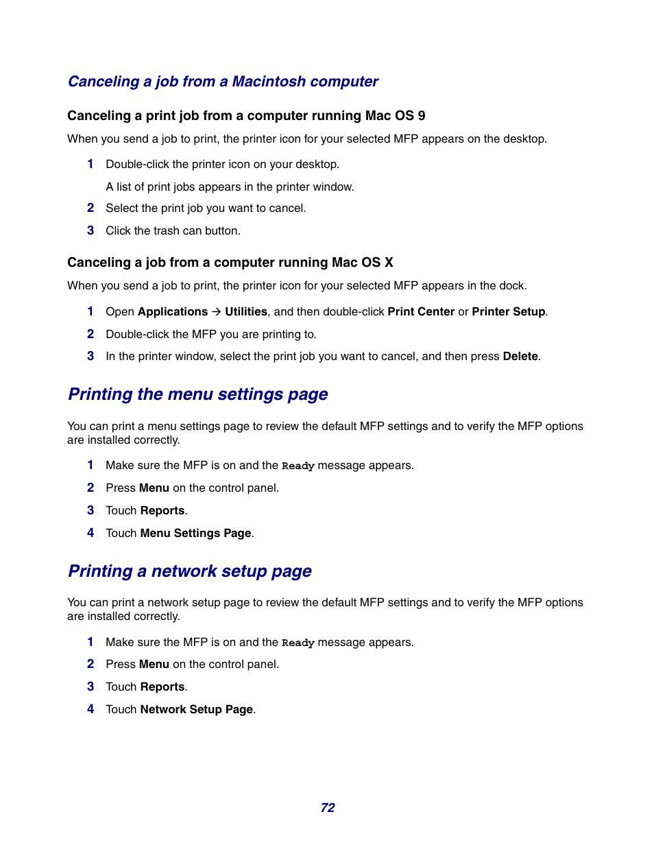 Canceling a job from a macintosh computer, Canceling a job from a computer running mac os x, Printing the menu settings page | Printing a network setup page | GPX X642 User Manual | Page 72 / 191