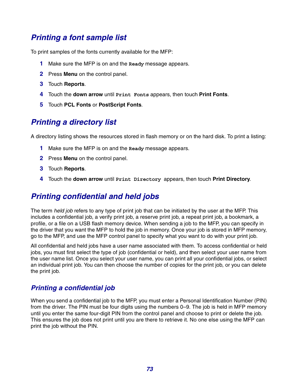 Printing a font sample list, Printing a directory list, Printing confidential and held jobs | Printing a confidential job | GPX X642 User Manual | Page 73 / 191