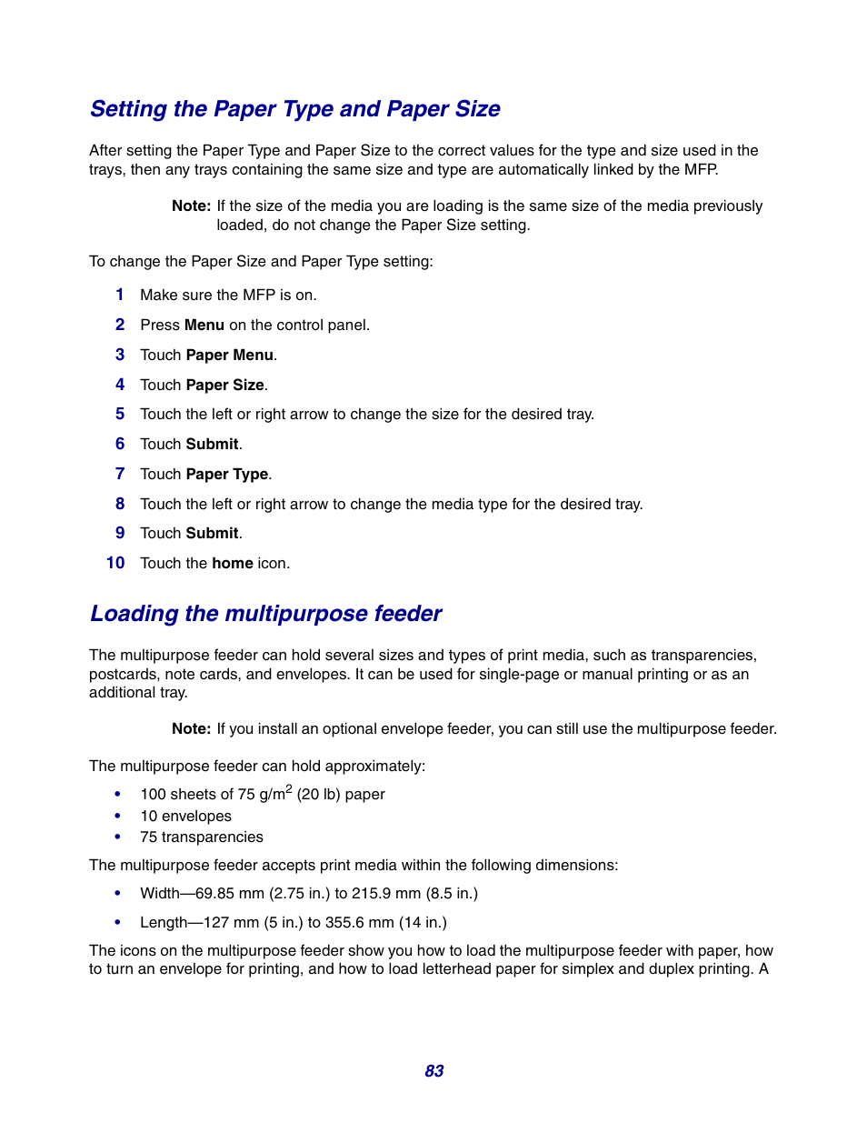 Setting the paper type and paper size, Loading the multipurpose feeder | GPX X642 User Manual | Page 83 / 191