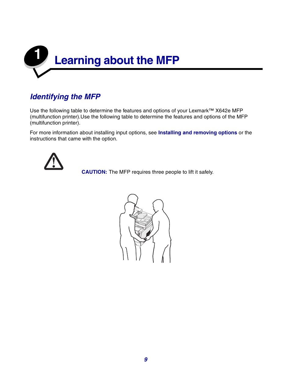 Learning about the mfp, Identifying the mfp, Chapter 1: learning about the mfp | GPX X642 User Manual | Page 9 / 191
