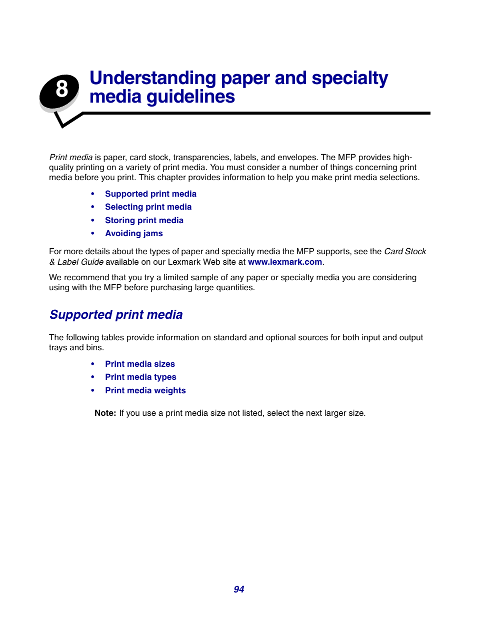 Understanding paper and specialty media guidelines, Supported print media | GPX X642 User Manual | Page 94 / 191