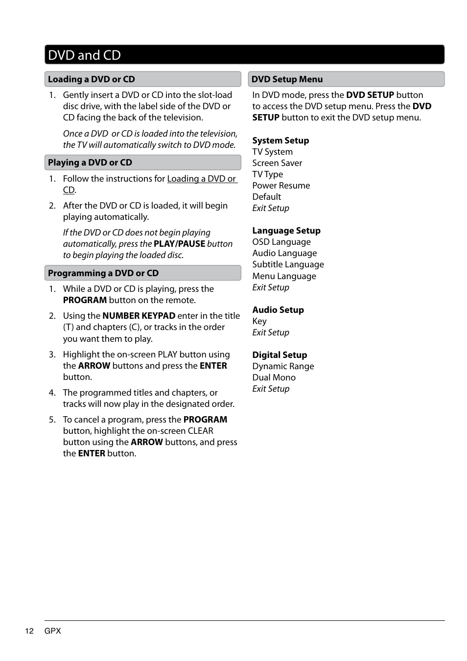 Dvd and cd | GPX TD2420AB User Manual | Page 12 / 16