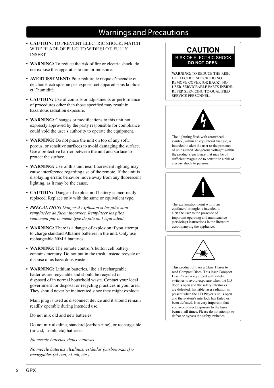 Warnings and precautions | GPX TD2420AB User Manual | Page 2 / 16