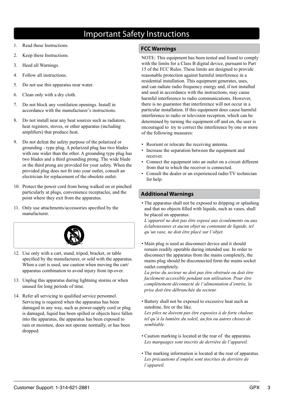 Important safety instructions | GPX TD2420AB User Manual | Page 3 / 16