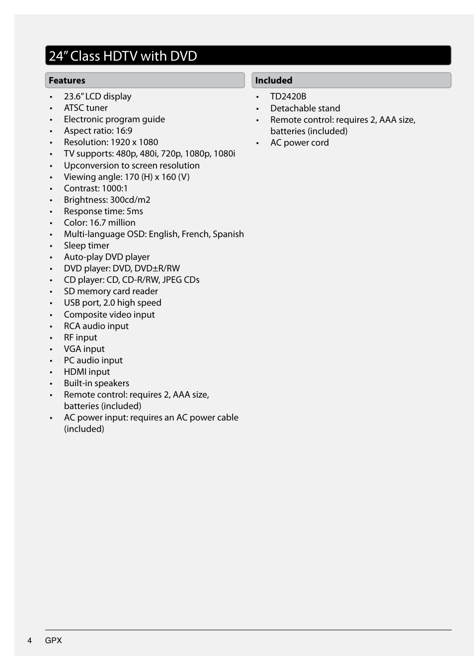24” class hdtv with dvd | GPX TD2420AB User Manual | Page 4 / 16