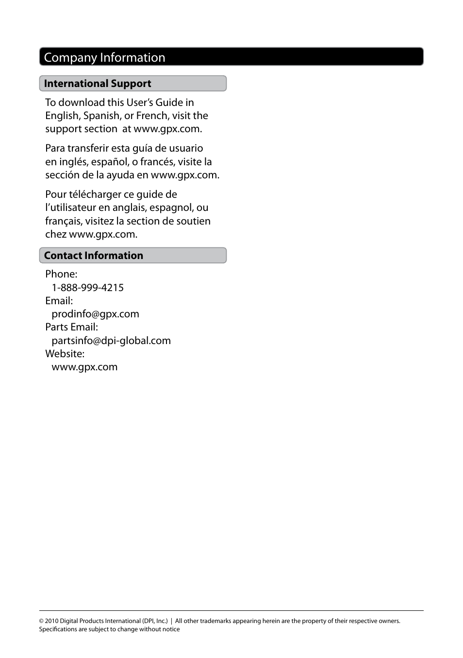 Company information | GPX AW80S User Manual | Page 12 / 12