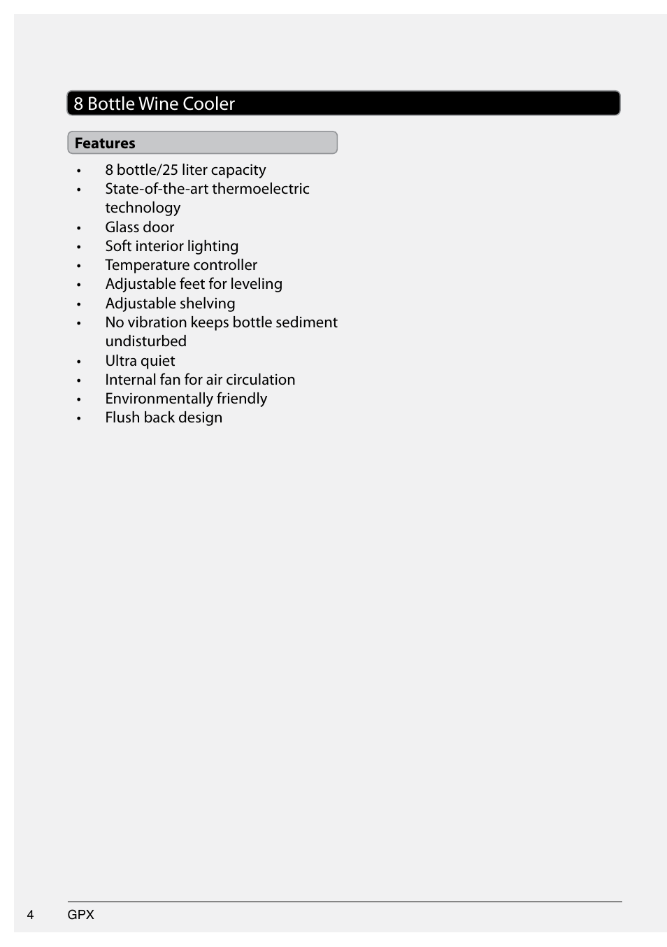 8 bottle wine cooler | GPX AW80S User Manual | Page 4 / 12