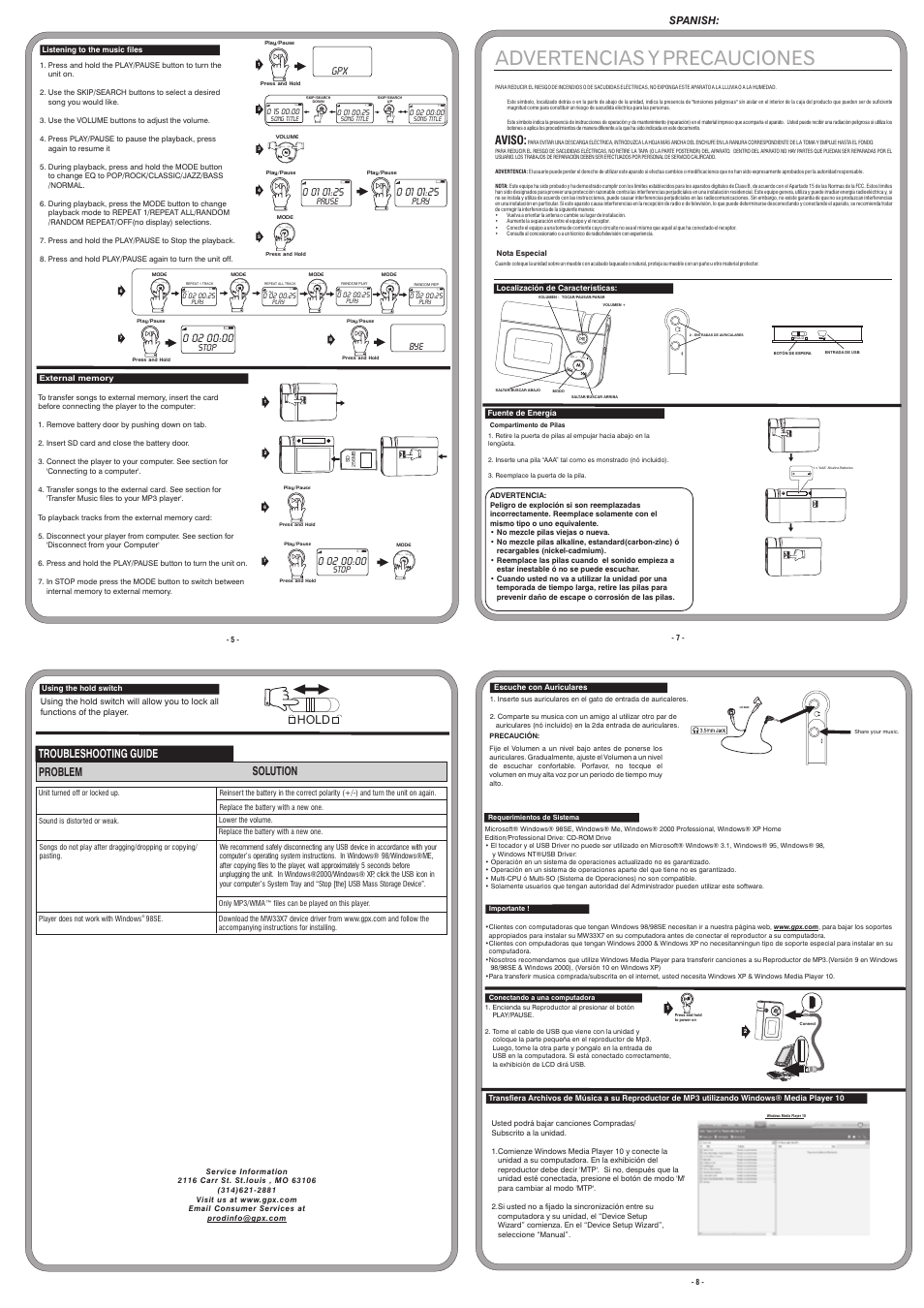 Advertencias y precauciones, V l o vol vol vol vol vol vol vol, Vol v o l | Troubleshooting guide problem solution, Hold, Aviso, Spanish | GPX MW3327 User Manual | Page 2 / 4