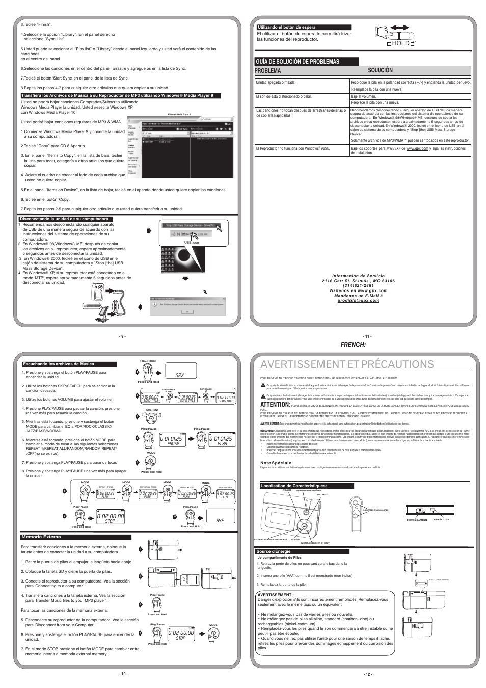 Avertissement et précautions, Lvo ol v, Guía de solución de problemas problema solución | Hold, Attention, French | GPX MW3327 User Manual | Page 3 / 4