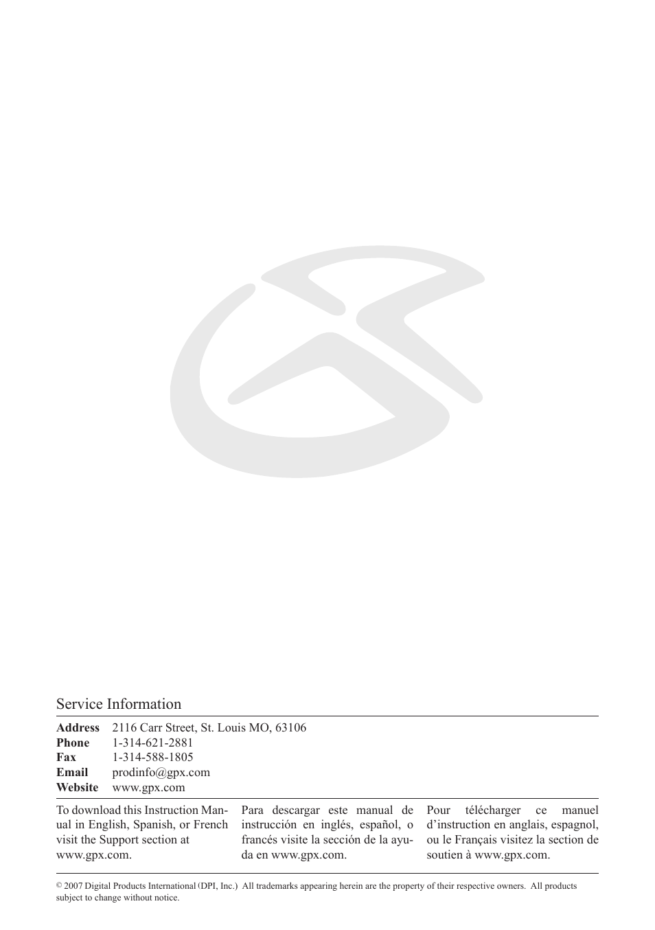 Service information | GPX CC208S User Manual | Page 8 / 8