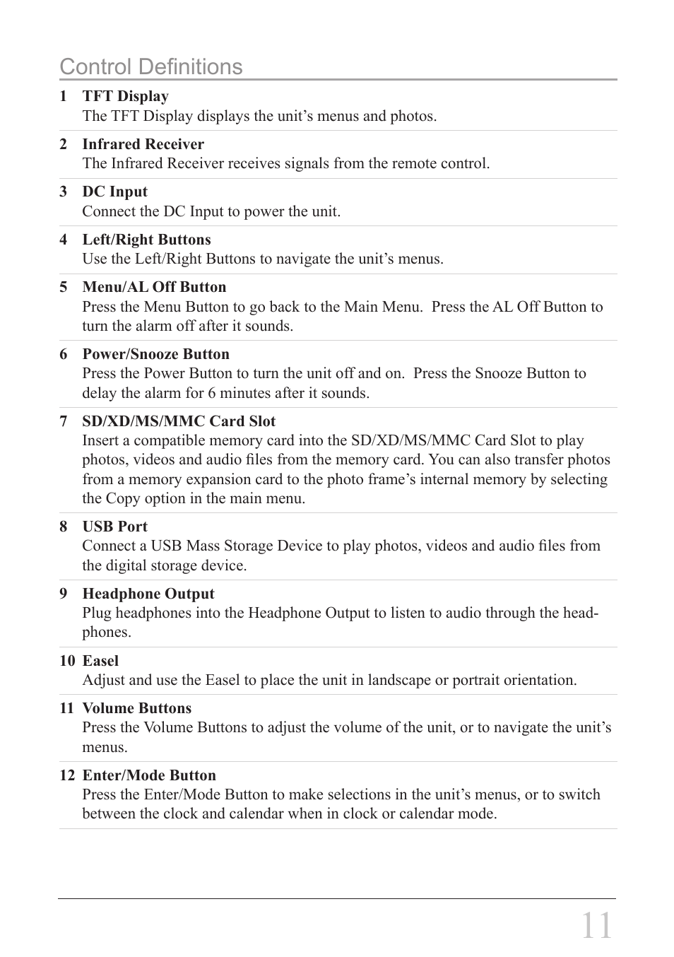 Control definitions | GPX PF7708 User Manual | Page 11 / 14