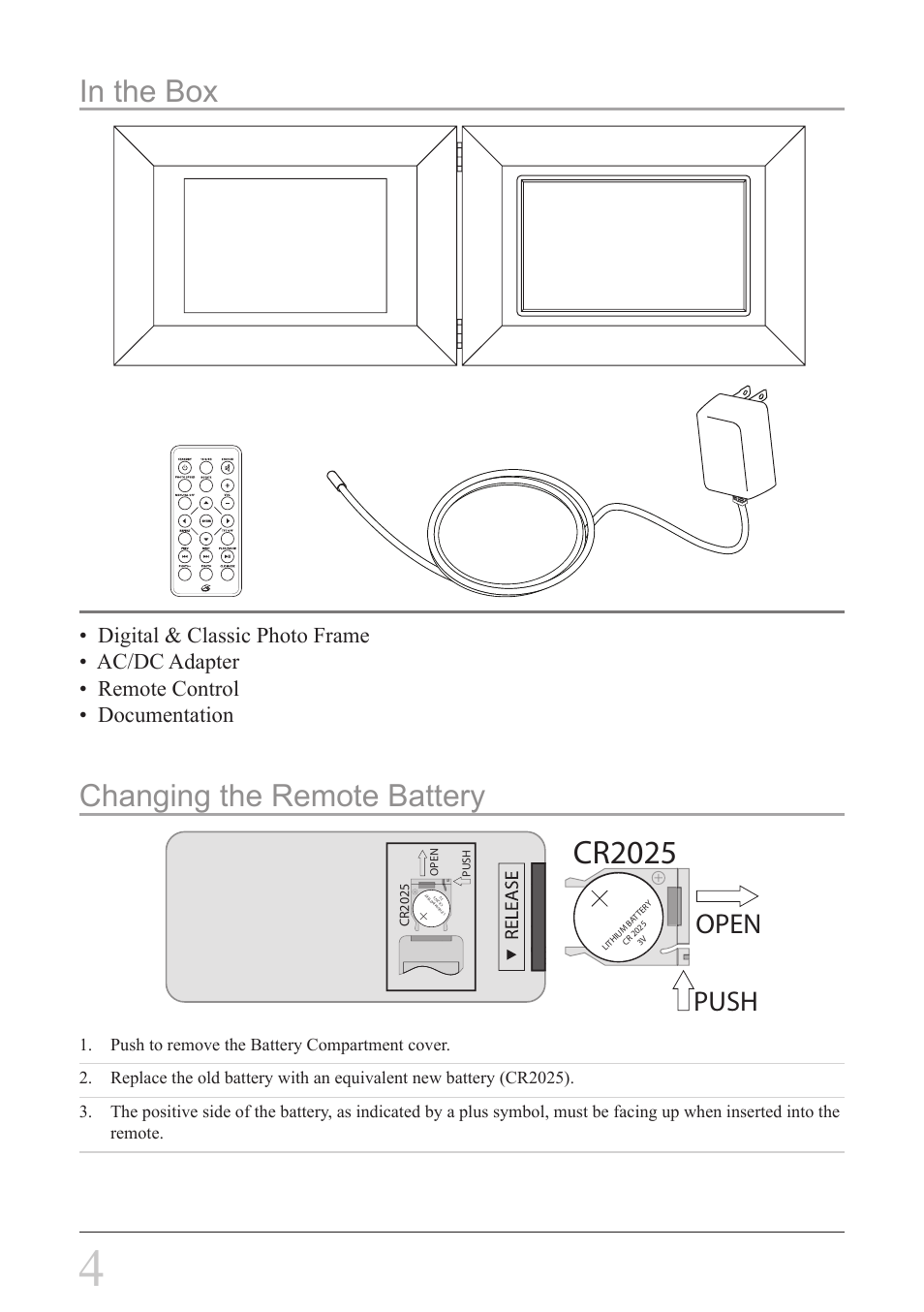 Cr2025, Changing the remote battery, Push open | GPX PF7708 User Manual | Page 4 / 14