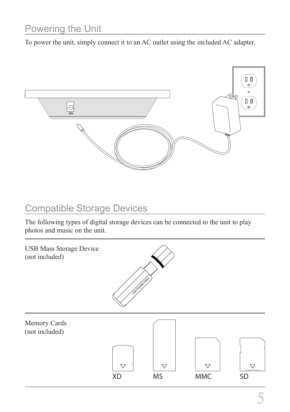 Powering the unit, Compatible storage devices | GPX PF7708 User Manual | Page 5 / 14