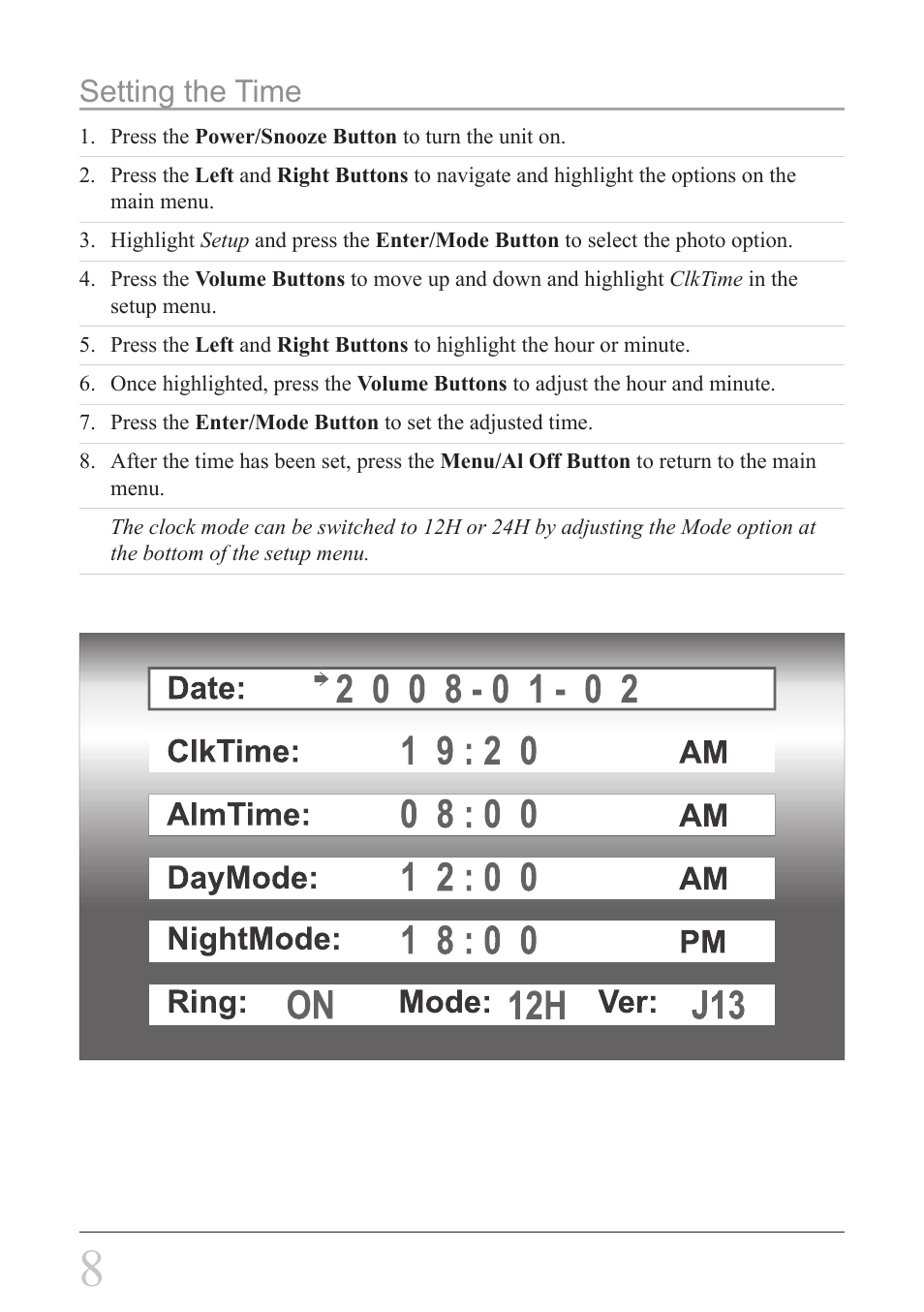 Setting the time | GPX PF7708 User Manual | Page 8 / 14