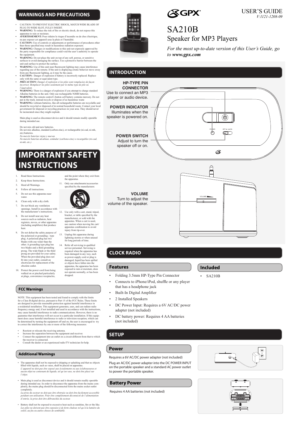 GPX SA210B User Manual | 2 pages