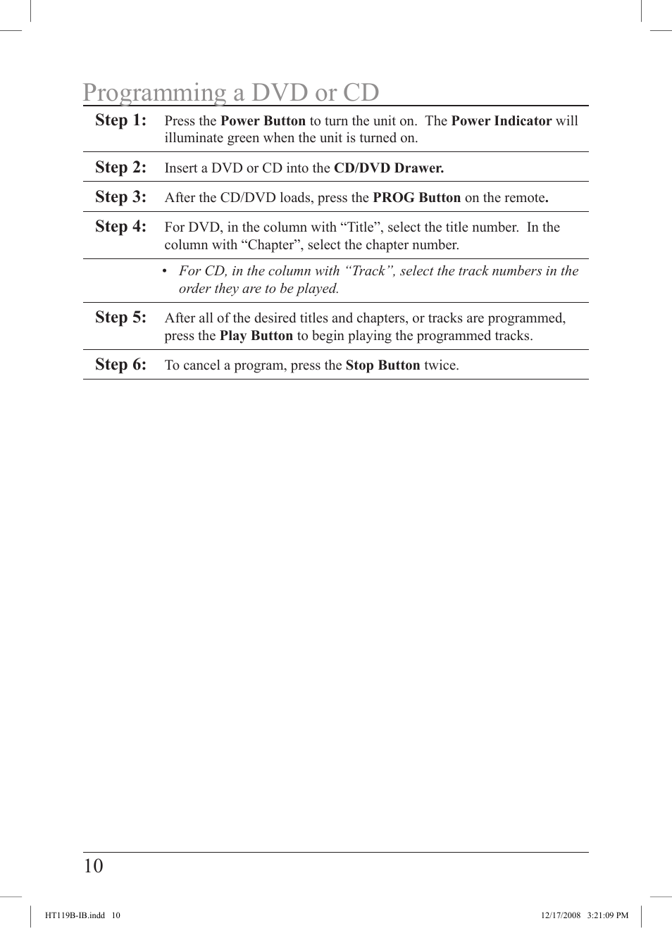 Programming a dvd or cd | GPX HT119B User Manual | Page 10 / 20