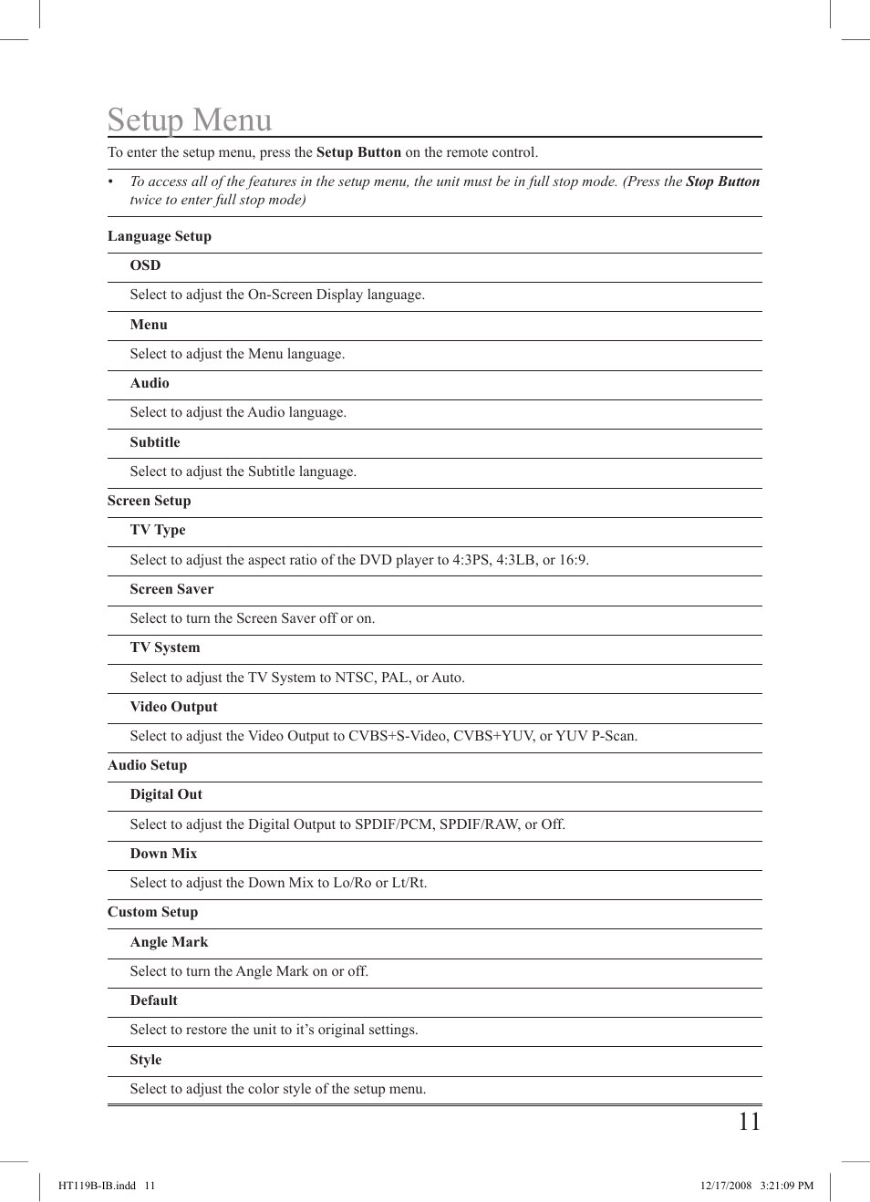 Setup menu | GPX HT119B User Manual | Page 11 / 20
