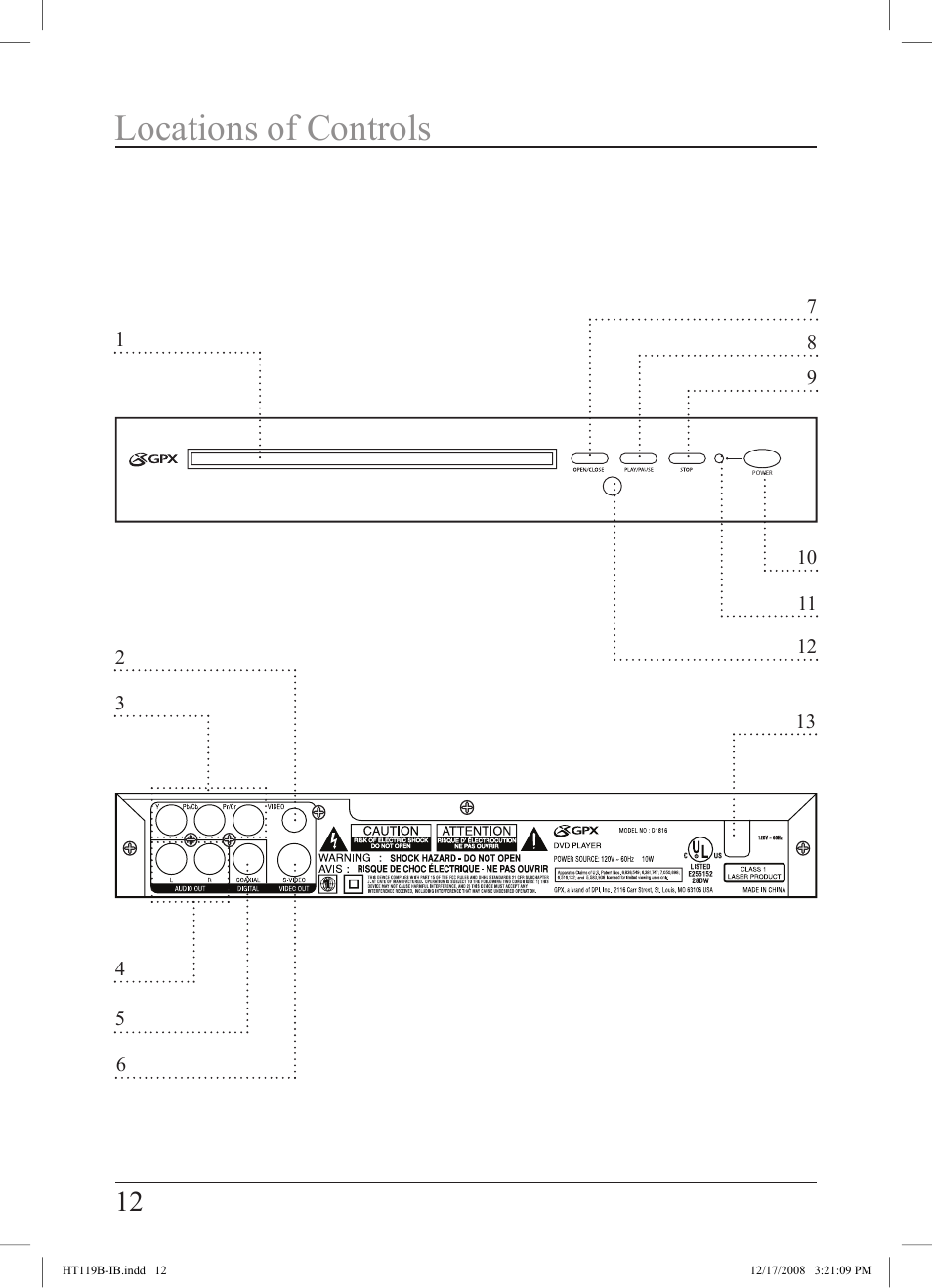 Locations of controls | GPX HT119B User Manual | Page 12 / 20