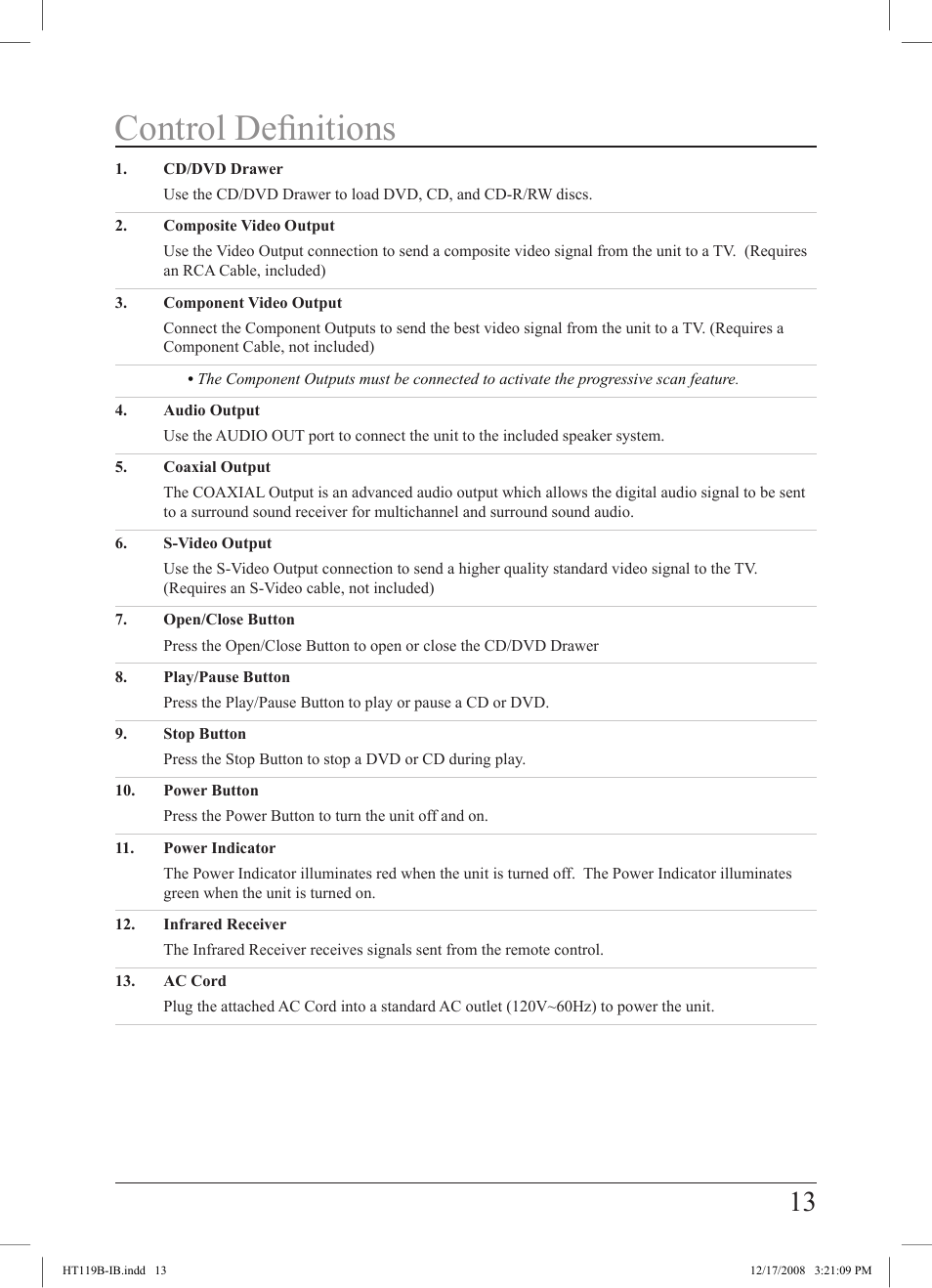 Control definitions | GPX HT119B User Manual | Page 13 / 20