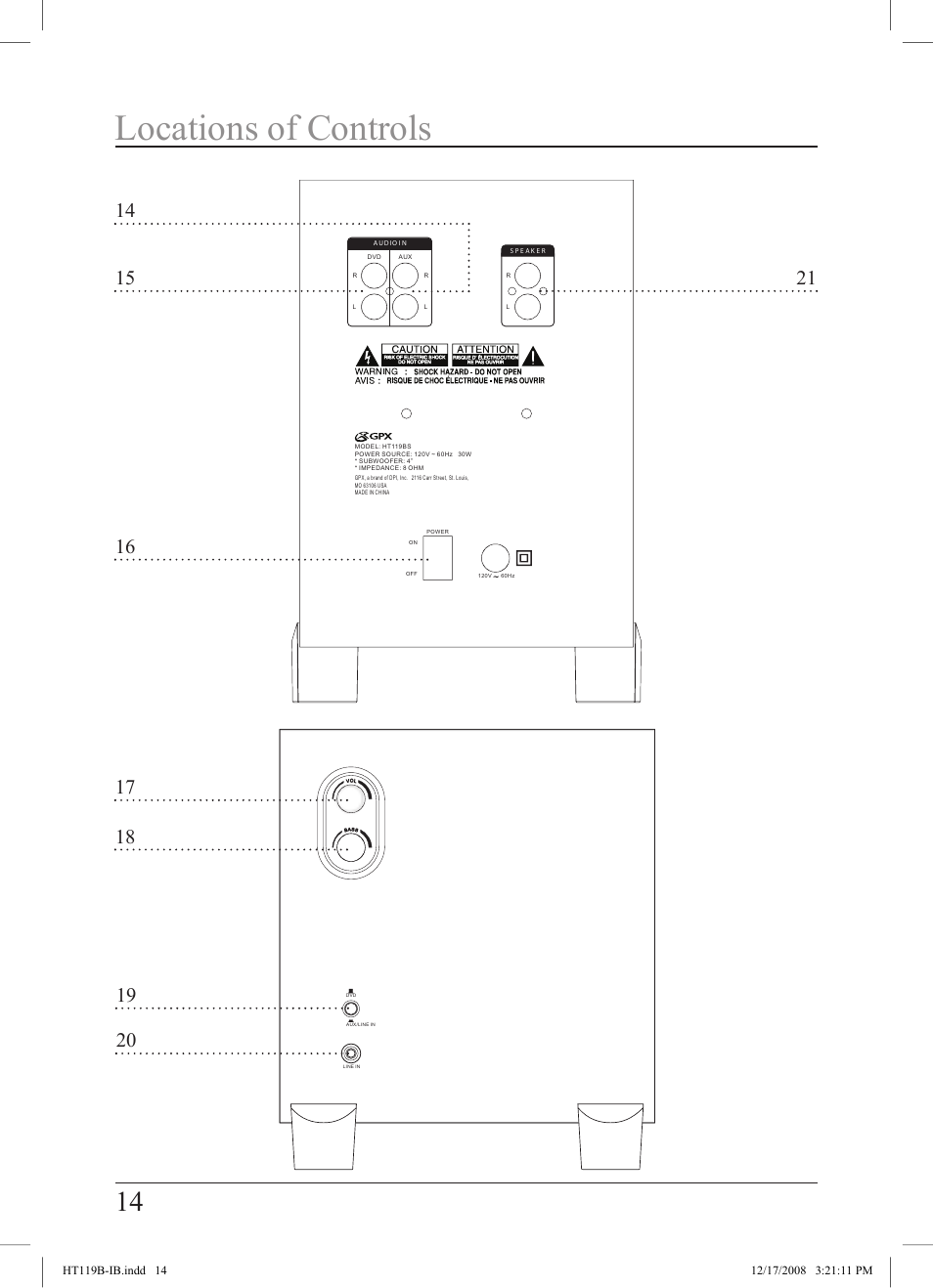 Locations of controls | GPX HT119B User Manual | Page 14 / 20