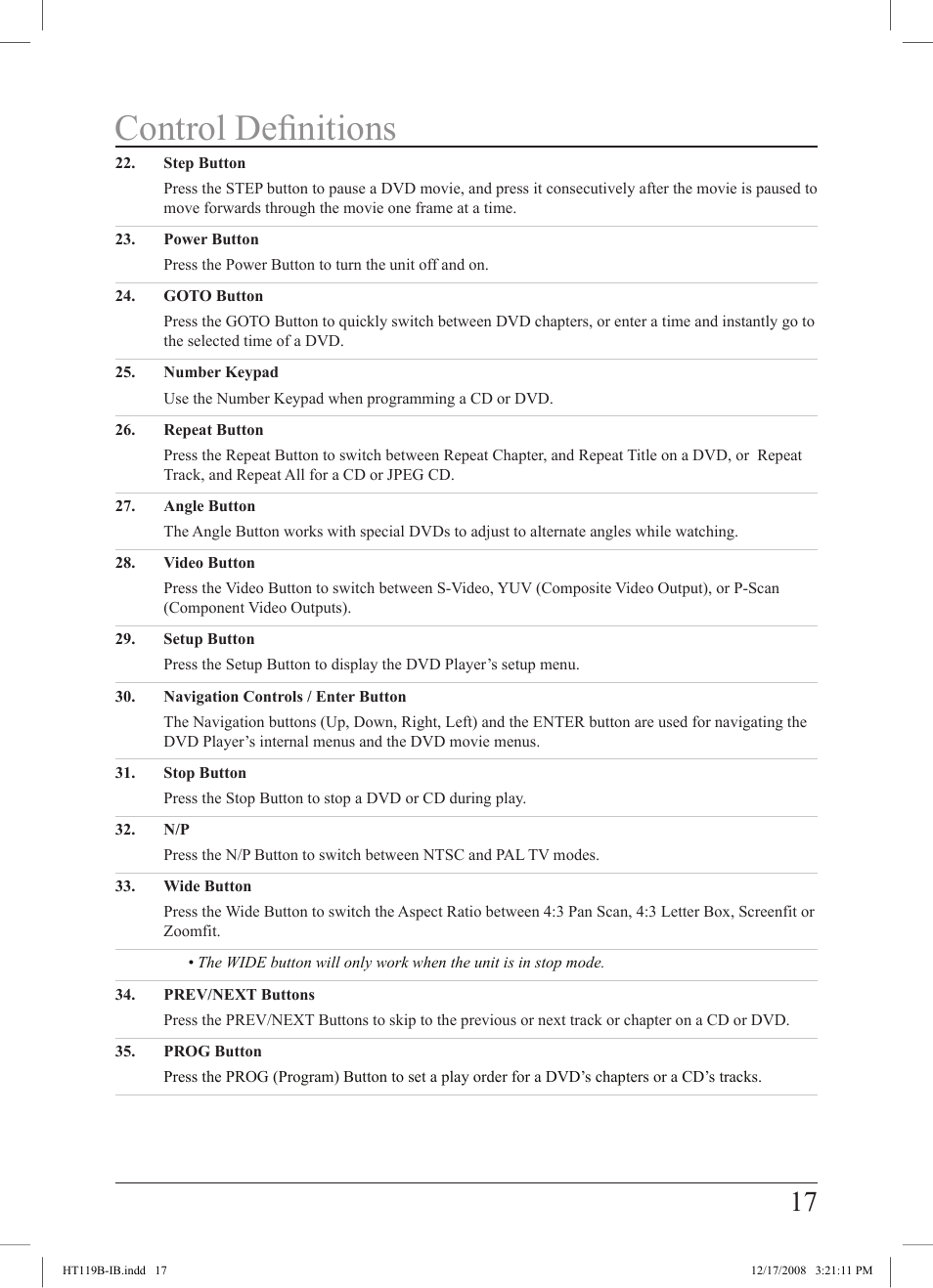 Control definitions | GPX HT119B User Manual | Page 17 / 20