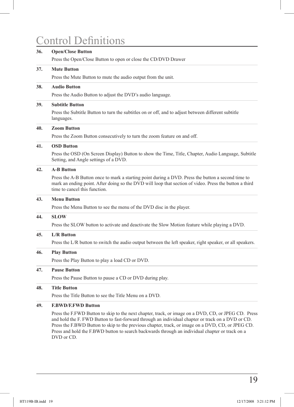 Control definitions | GPX HT119B User Manual | Page 19 / 20