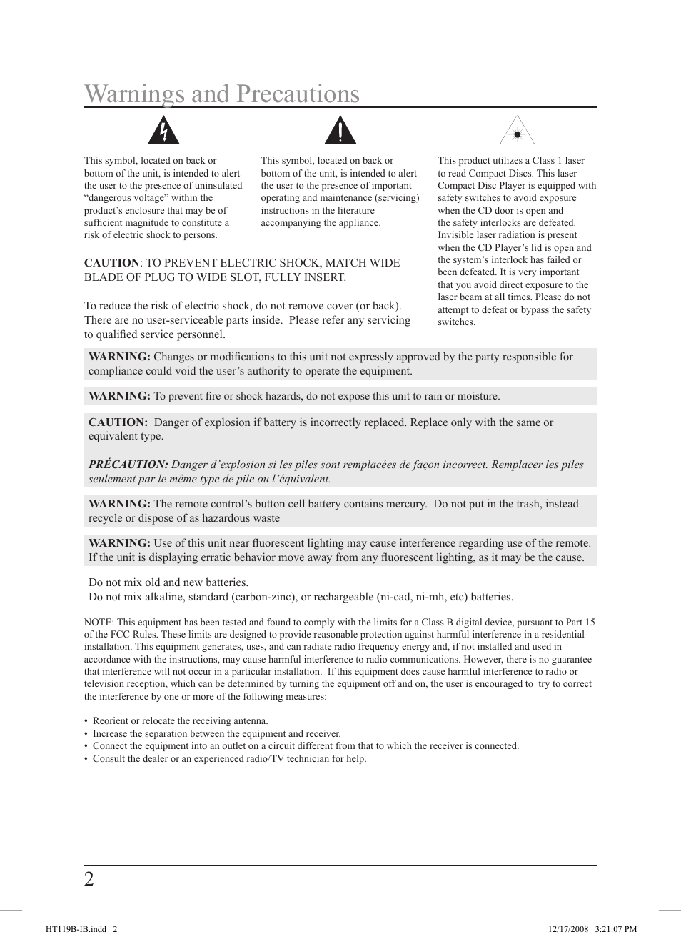 Warnings and precautions | GPX HT119B User Manual | Page 2 / 20