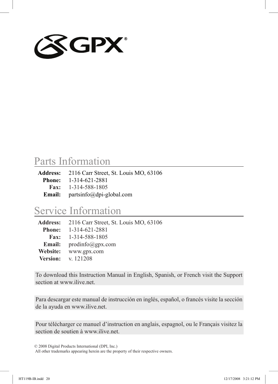 Service information, Parts information | GPX HT119B User Manual | Page 20 / 20