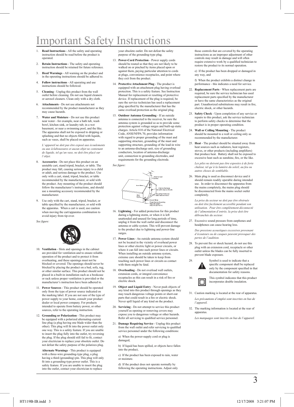 Important safety instructions | GPX HT119B User Manual | Page 3 / 20