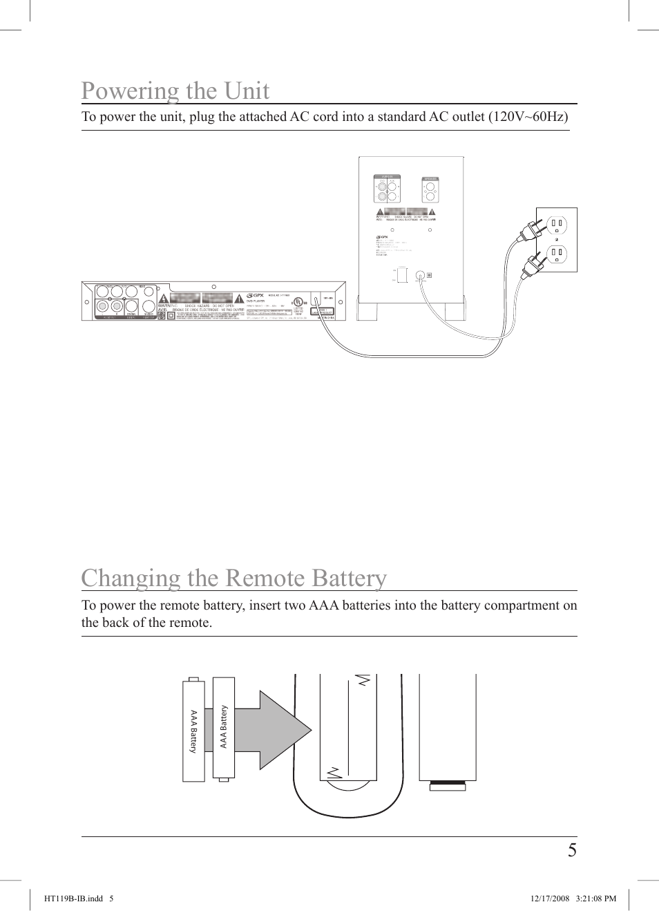 Powering the unit changing the remote battery | GPX HT119B User Manual | Page 5 / 20