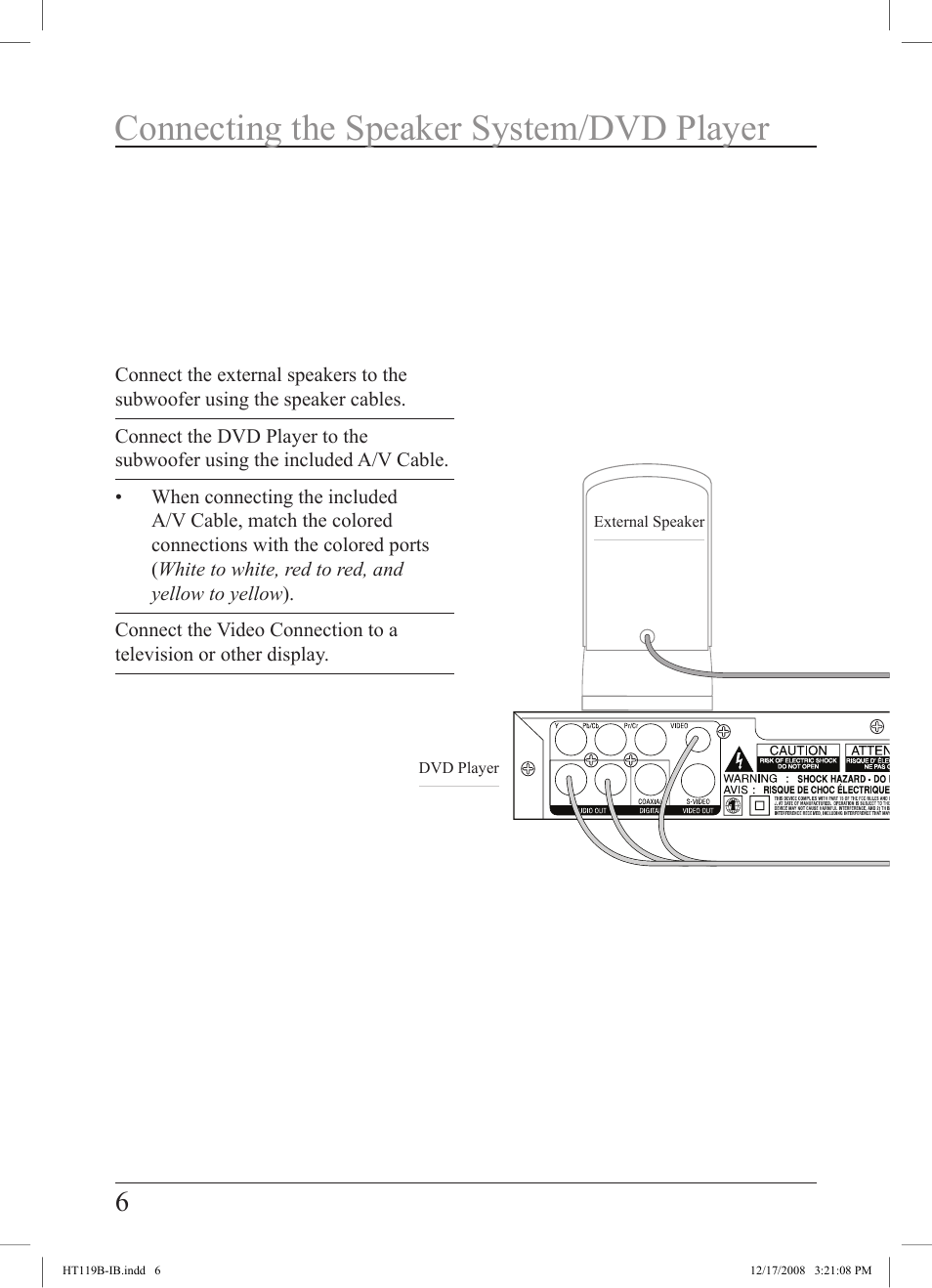 Connecting the speaker system/dvd player, External speaker dvd player | GPX HT119B User Manual | Page 6 / 20