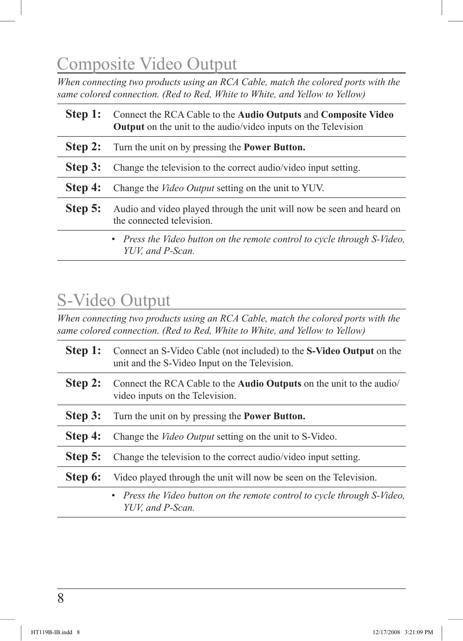 S-video output composite video output | GPX HT119B User Manual | Page 8 / 20