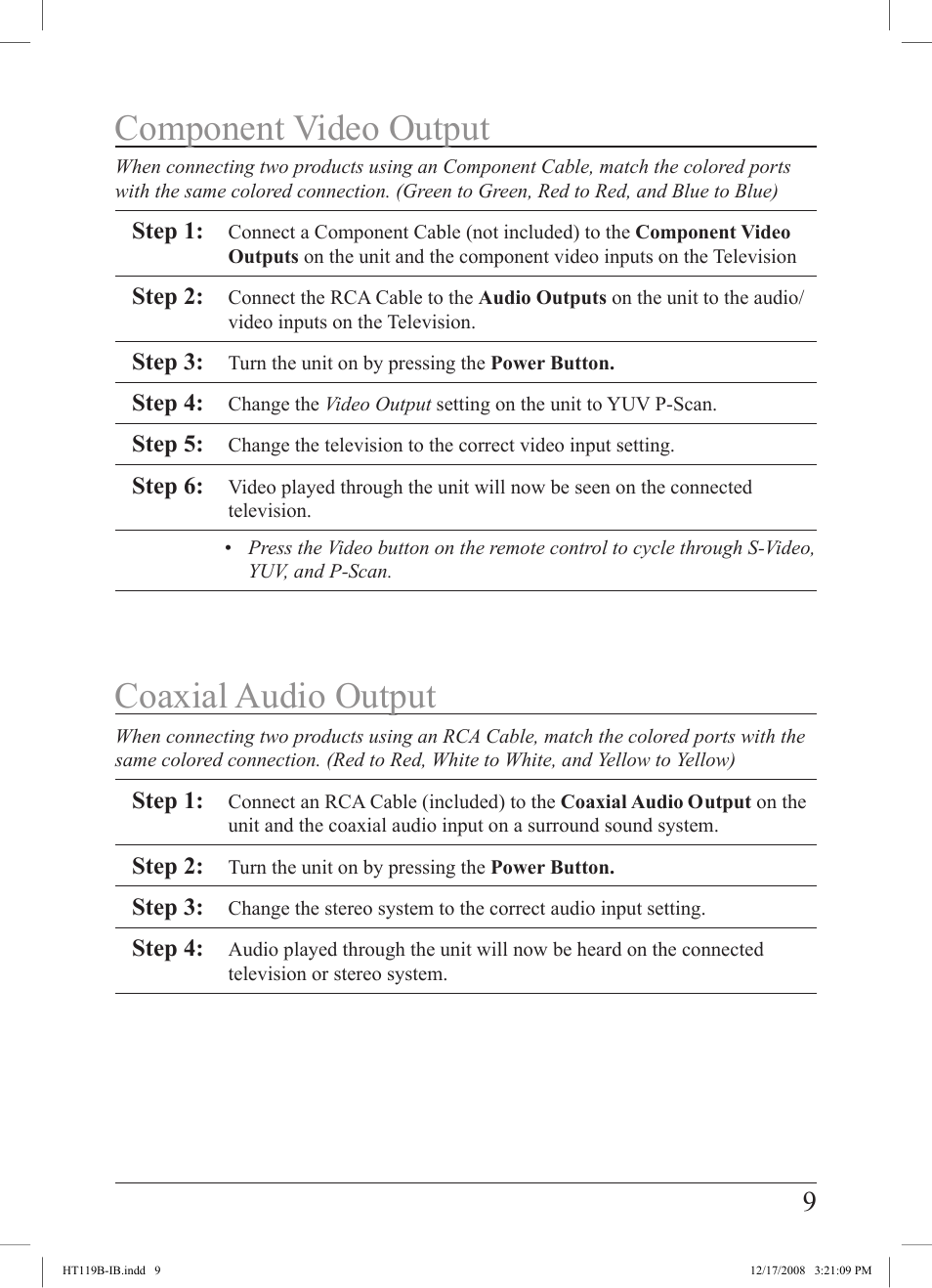 Component video output coaxial audio output | GPX HT119B User Manual | Page 9 / 20