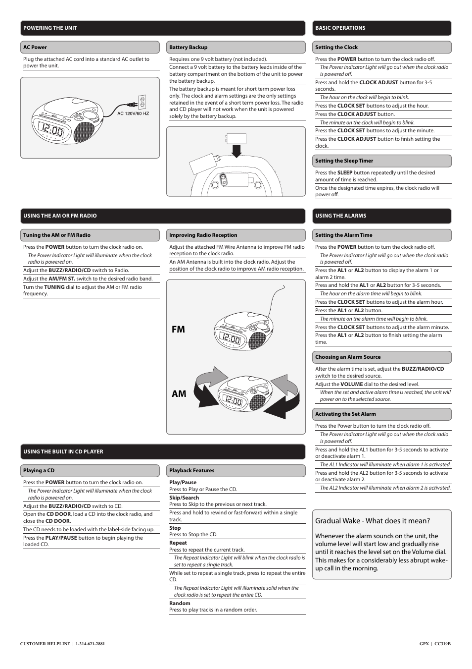 Fm am, Gradual wake - what does it mean | GPX CC319B User Manual | Page 2 / 2