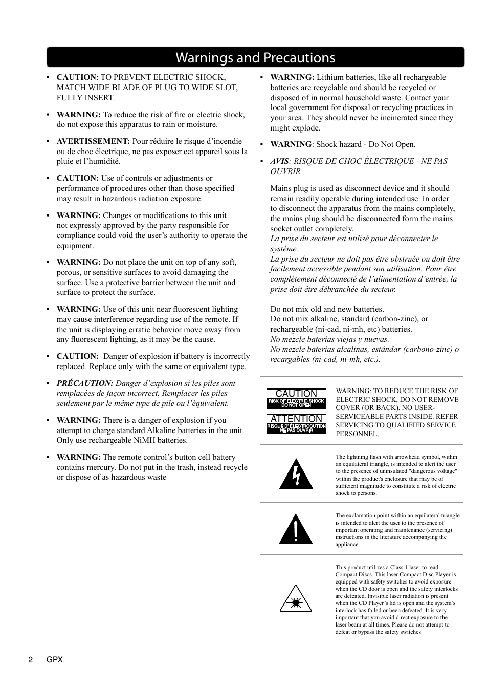 Warnings and precautions | GPX TD2220 User Manual | Page 2 / 16