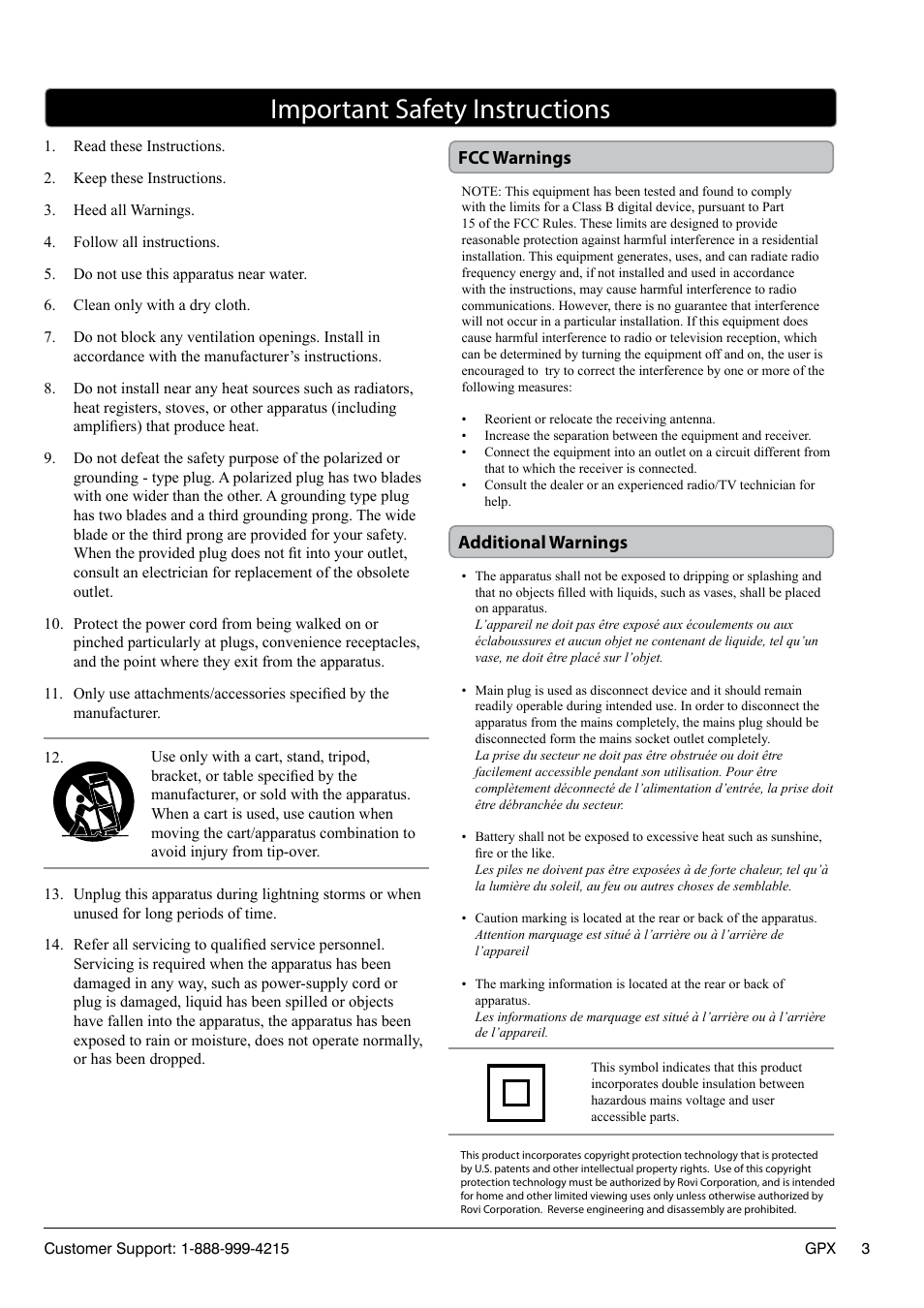 Important safety instructions, Fcc warnings additional warnings | GPX TD2220 User Manual | Page 3 / 16