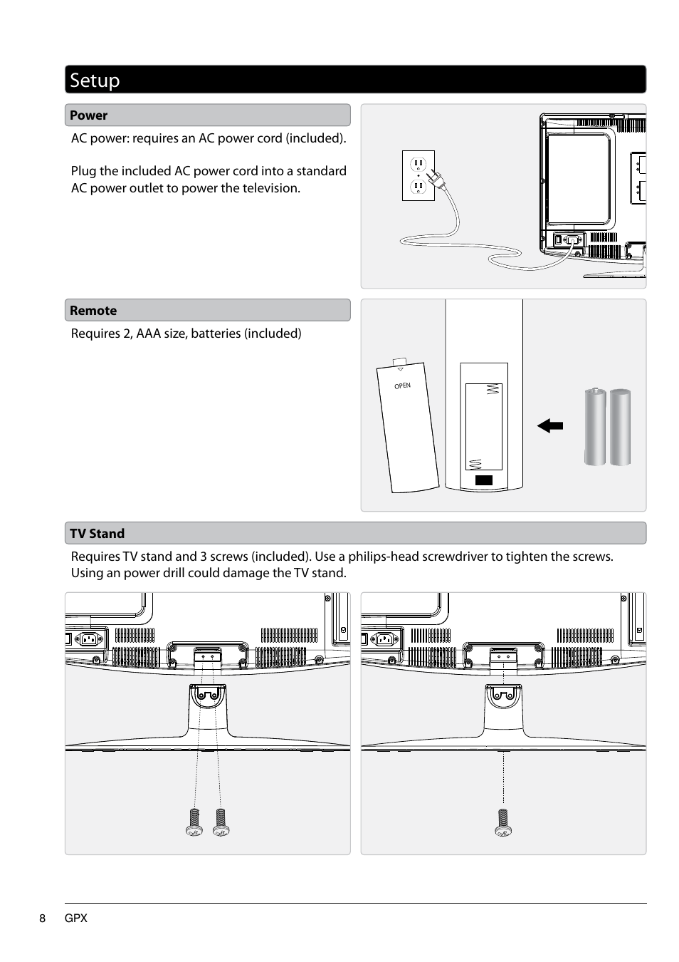 Setup | GPX TD2220 User Manual | Page 8 / 16