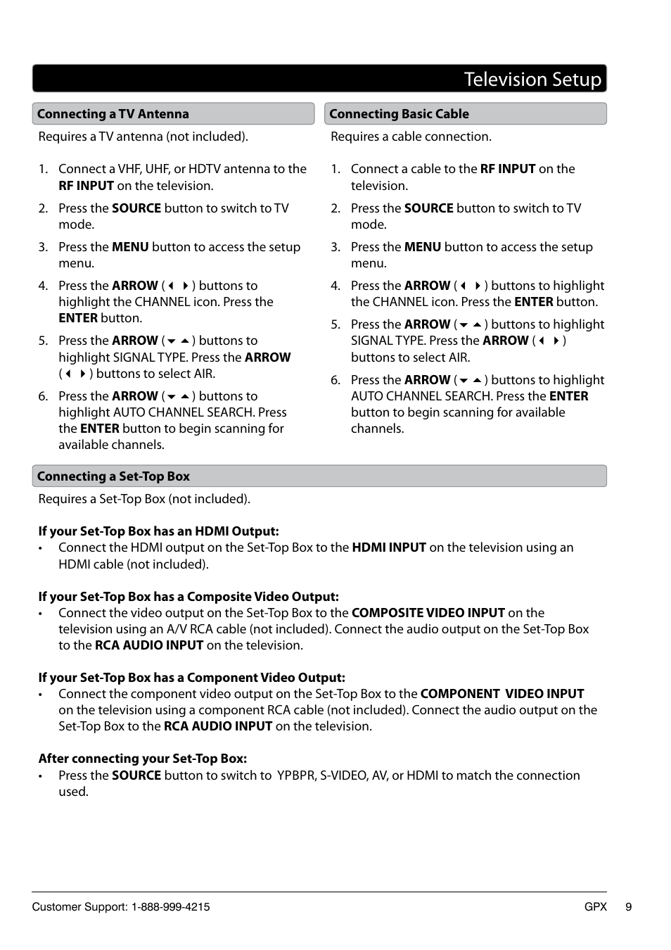 Television setup | GPX TD2220 User Manual | Page 9 / 16