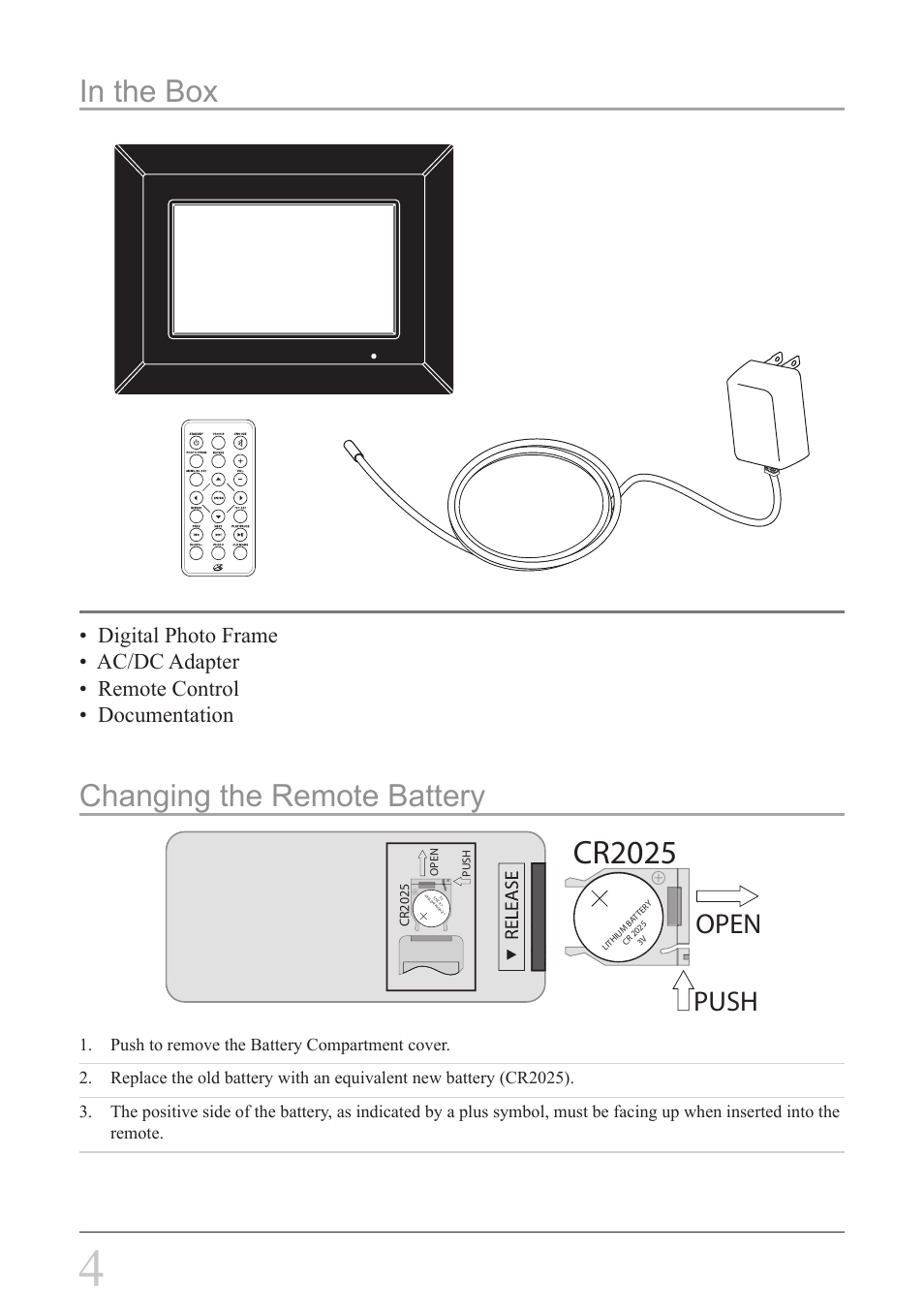 Cr2025, Changing the remote battery, Push open | GPX PF708 User Manual | Page 4 / 16