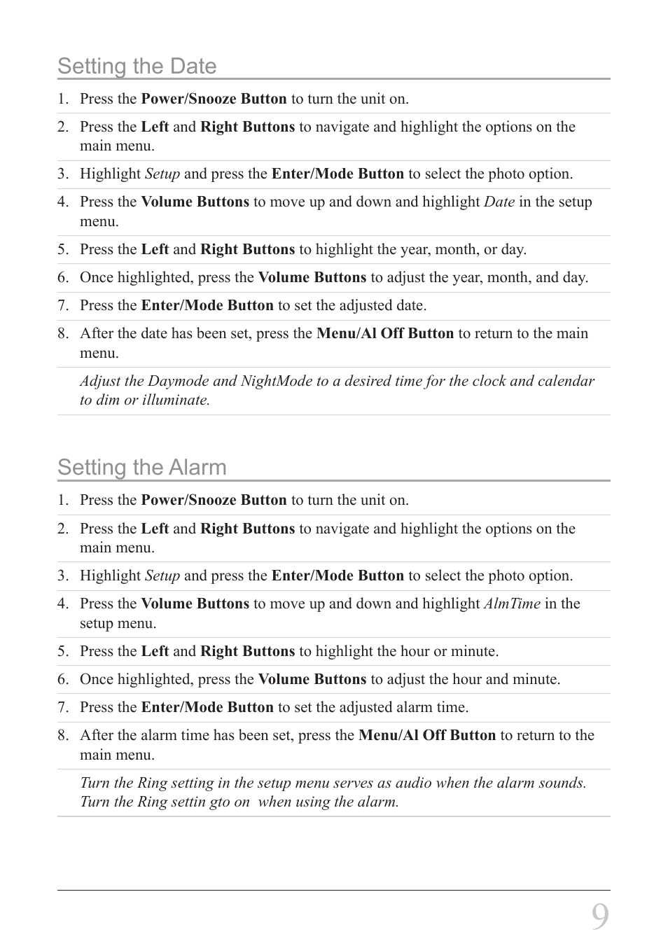 Setting the date, Setting the alarm | GPX PF708 User Manual | Page 9 / 16