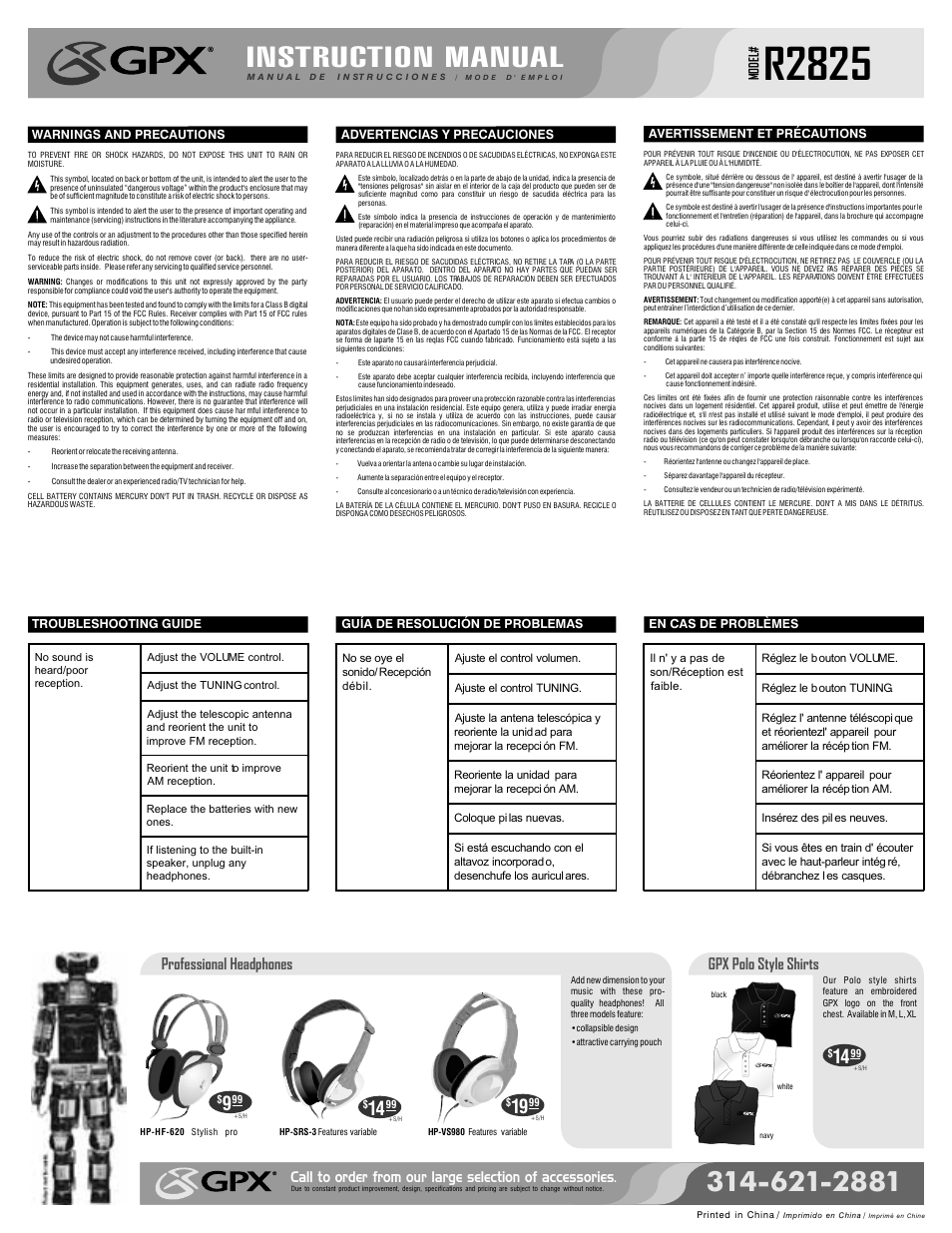 R2825, Instruction manual, Gpx polo style shirts | Professional headphones, Model | GPX R2825 User Manual | Page 2 / 2