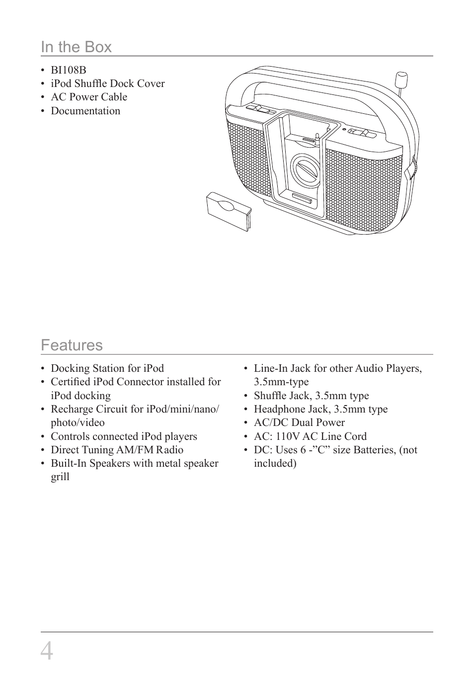 Features | GPX BI108B User Manual | Page 4 / 12