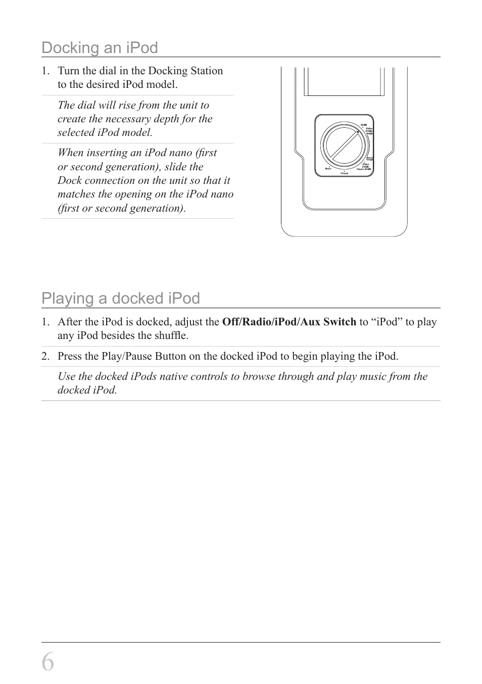 Playing a docked ipod, Docking an ipod | GPX BI108B User Manual | Page 6 / 12