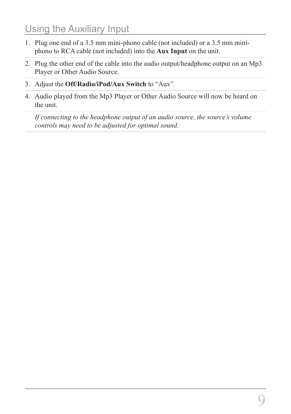 Using the auxiliary input | GPX BI108B User Manual | Page 9 / 12
